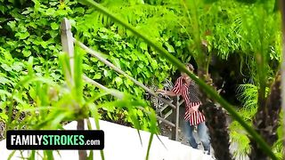 Two kinky teens caught painting their tits on 4th of July