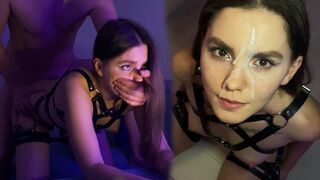 Hot brunette fucks in a harness and gets cum on her face