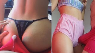 A guy came in his jeans shorts while fucking with his girlfriend
