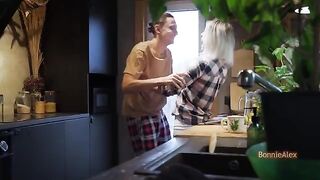 A couple has a quickie in the kitchen and gets caught