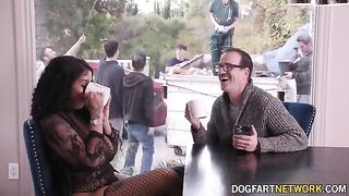 Ebony babe Paris The Muse gets her mouth filled with ten cocks