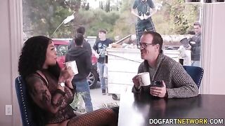 Ebony babe Paris The Muse gets her mouth filled with ten cocks