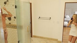 Athena Faris sneaks into the shower with her stepdad in a steamy SPYFAM scene