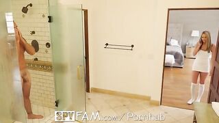 Athena Faris sneaks into the shower with her stepdad in a steamy SPYFAM scene
