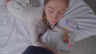 Cute stepsister tries to do her first blowjob and does it well