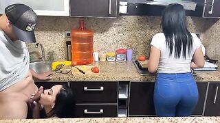 Beautiful 18-year-old step-daughters cook and have sex with their step-daddies in the kitchen