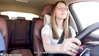 The stepson is having fun with his stepmom in the car