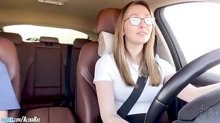 The stepson is having fun with his stepmom in the car