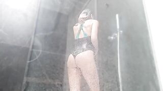 Sweet wet pussy makes the girl squirt in the shower