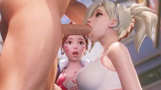 Mercy teaches Dva how to make a deepthroat move in 3D