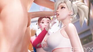 Mercy teaches Dva how to make a deepthroat move in 3D