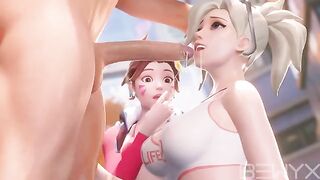 Mercy teaches Dva how to make a deepthroat move in 3D