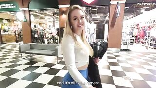 A blonde with a big ass fucks in the toilet of the shopping mall for money