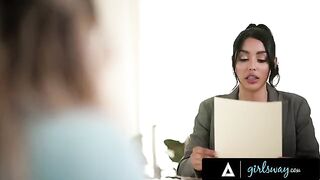 The busty lawyer Vanessa Sky fucks with her client, the athletic Kayley Gunner