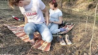 A sexy girl went camping and met a guy in the woods