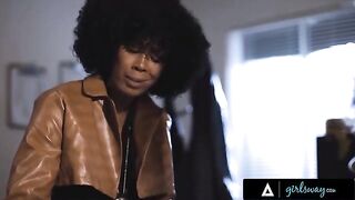 Detective Misty Stone rubs pussy with her colleague on their desk