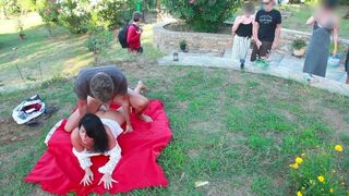 Brunette woman has sex with a stranger on the meadow
