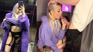 A blonde in the elevator, meeting a guy and getting cum on her face