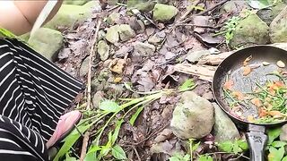 Outdoor sex and cooking with wild ferns in riverbank