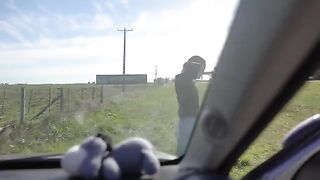 A teen girl deepthroats and swallows cum on a road trip