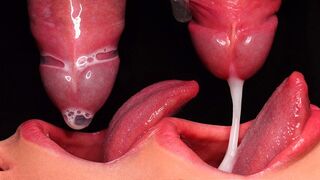 The guy finished in the mouth of the girl, who sucked out cum through the condom