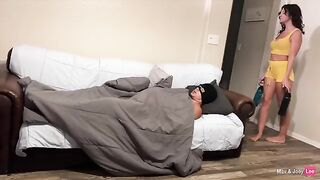Horny wife fucks her friend on the couch, gets creampied
