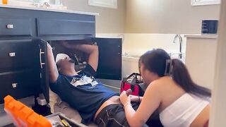 Asian beauty pays for the repair by giving a blowjob to the handyman