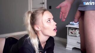 A stepmother saw her stepson's cock and sucked it, receiving a creampie