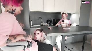 A couple has sex while the wife is changing clothes in front of her husband