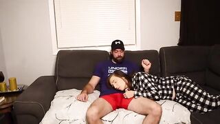 A stepson fucked his steaming-hot stepmom on the couch and got cum in her mouth