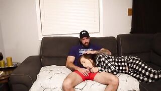 A stepson fucked his steaming-hot stepmom on the couch and got cum in her mouth