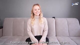A cute blonde girl with a big ass fucks at her casting for the first time