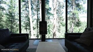 A girl in yoga pants plays with herself in the woods