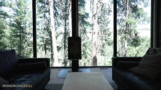 A girl in yoga pants plays with herself in the woods