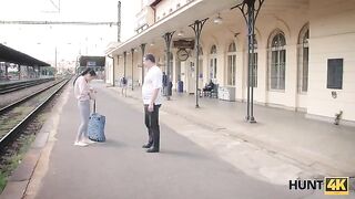 The hunter catches a girl at the train station and fucks her for cash