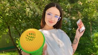 A girl got a slap on the ass for ringing the bell in the forest