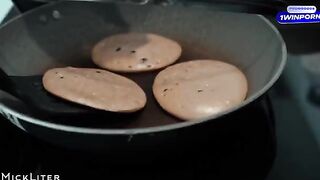 A beautiful woman likes to start the day with a hearty pancake and sex breakfast