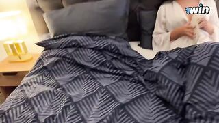 A hot stepmom shared a bed with her stepson on a rainy, passionate night