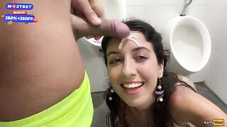 Blowjob in public toilet and cumwalk on waterfall
