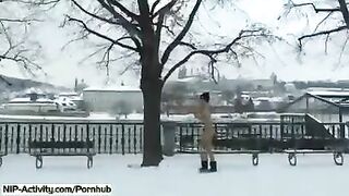 A hot student with big boobs walks outside and lifts her shirt up to show her tits