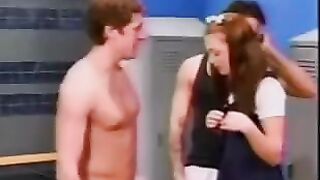 A schoolgirl got fucked by two guys in the locker room
