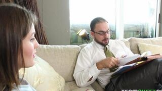 A stepdaughter with a bare pussy seduces her stepfather on the couch
