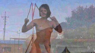 Nudist beauty gets naked on the beach and plays with soap bubbles