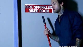 A pretty chick is fucking with a cleaner in the back room, featuring Abigail Mac