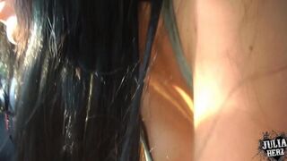 A beautiful blowjob made by a brunette with big tits in the car