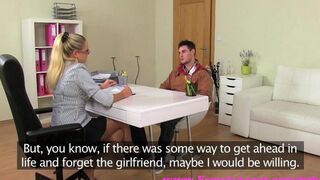 A blonde beauty is on casting couch to show her skills and attract a new client
