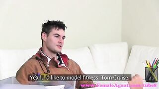 A blonde beauty is on casting couch to show her skills and attract a new client