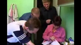 Hot Russian mom enjoys hardcore sex with four young guys at once