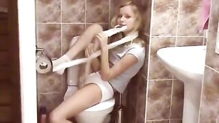 The blonde has a surprise for you in the public toilet