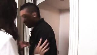 Dark-skinned chick is fucking with a reporter and Sasha Gray